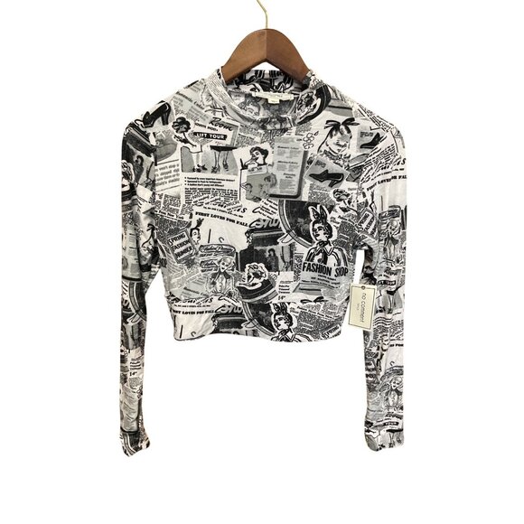 No Comment NY.LA Large Womens Long Sleeve Newspaper Print Cropped Turtleneck Top - Picture 2 of 8